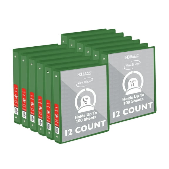 BAZIC 3 Ring Binder 1/2" Economy View Binders Green, Hold 100 Sheets, 12-Count