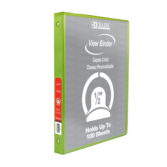 BAZIC 1/2" Lime Green 3-Ring View Binder, Round Ring, 2 Pockets