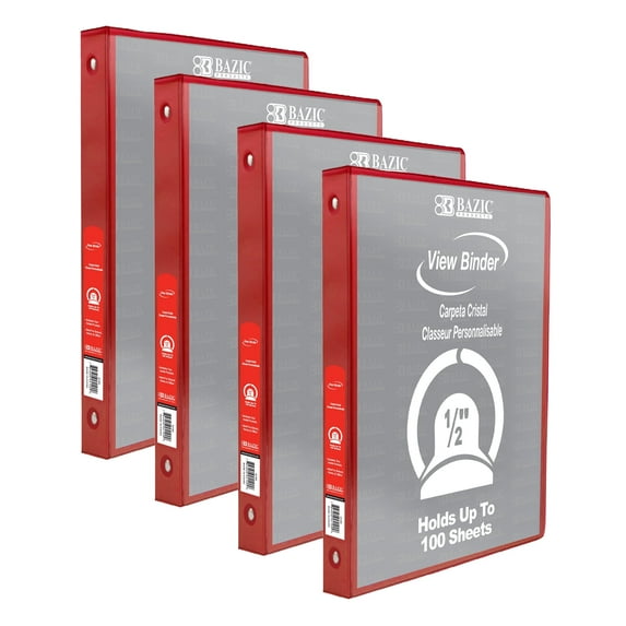 BAZIC 3 Ring Binder 1/2" Economy View Binders Red, Round Ring, Hold 100 Sheets, 4-Count