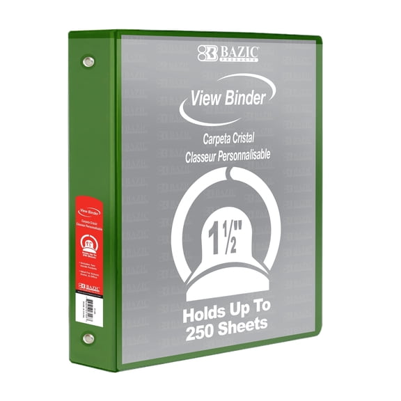 BAZIC 1.5" Green 3-Ring View Binder, Round Ring, 2 Pockets