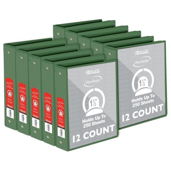 BAZIC 3 Ring Binder 1.5" Economy View Binders Organizer - Green, Round Ring, Hold 250 Sheets Paper, for School Office Home, 12-Count