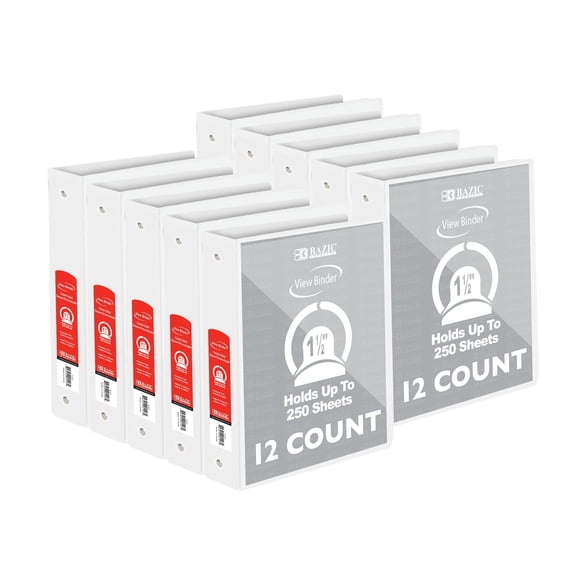 BAZIC 3 Ring Binder 1.5" Economy View Binders White, Hold 280 Sheets, 12-Count