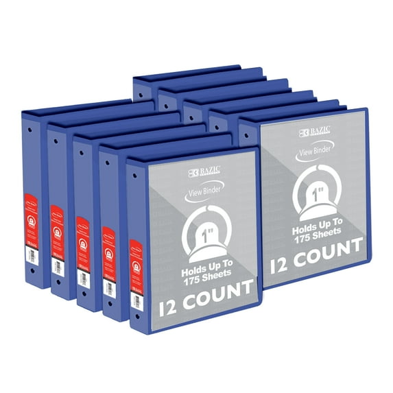 BAZIC 3 Ring Binder 1" Economy View Binders Blue, Hold 175 Sheets, 12-Count