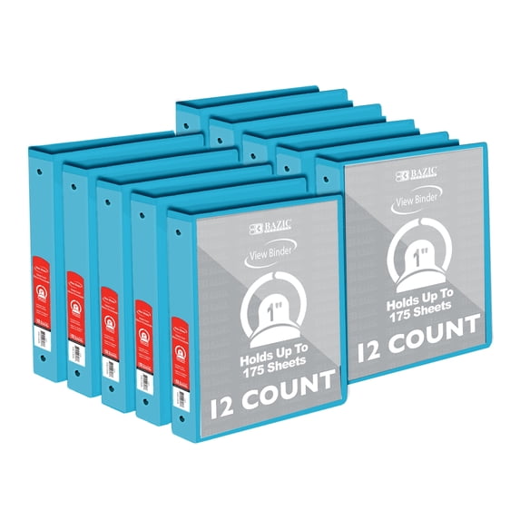 BAZIC 3 Ring Binder 1" Economy View Binders Cyan, Hold 175 Sheets, 12-Count