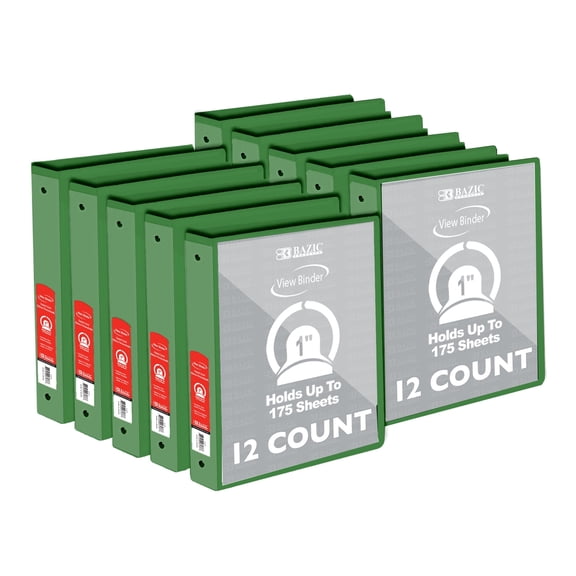 BAZIC 3 Ring Binder 1" Economy View Binders Green, Hold 175 Sheets, 12-Count