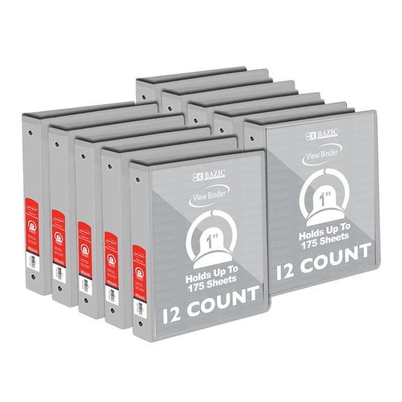 BAZIC 3 Ring Binder 1" Economy View Binders Grey, Hold 175 Sheets, 12-Count