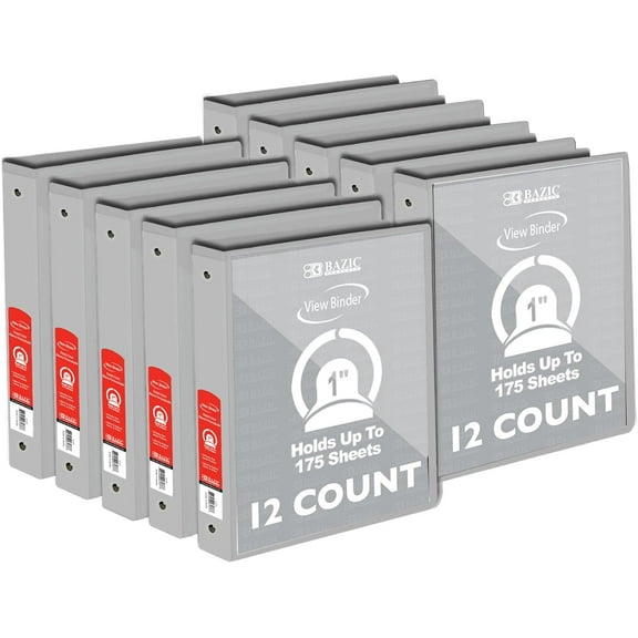 BAZIC 3 Ring Binder 1" Economy View Binders Organizer - Grey, Round Ring, Hold 175 Sheets Paper, for School Office Home, 12-Count