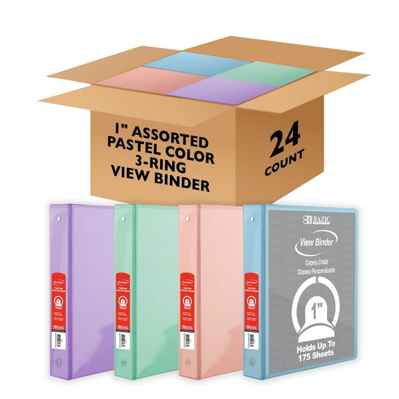 BAZIC 3 Ring Binder 1" Economy View Binders Pastel Color, 175 Sheets, 24-Count
