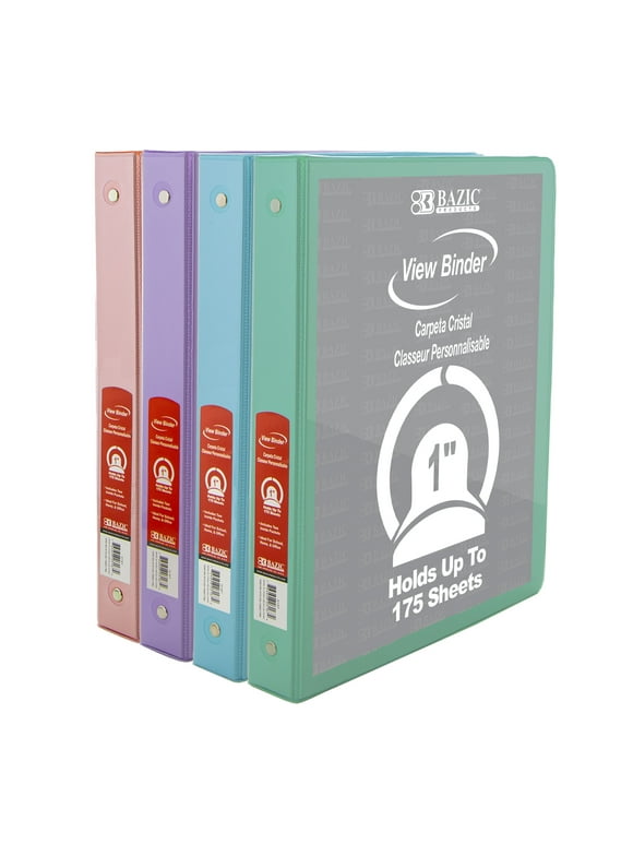 BAZIC 3 Ring Binder 1" Economy View Binders Pastel Color, 175 Sheets, 4-Count