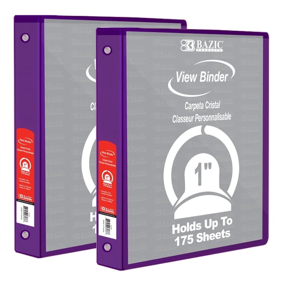 BAZIC 3 Ring Binder 1" Economy View Binders Purple, Round Ring Hold 175 Sheets, 2-Count