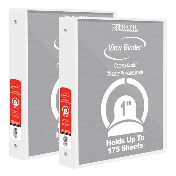BAZIC 3 Ring Binder 1" Economy View Binders White, Round Ring Hold 175 Sheets, 2-Count