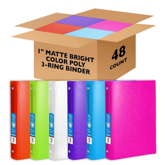 BAZIC 3 Ring Binder 1" Poly Binders Matte Color Soft Cover, 175 Sheets, 48-Count