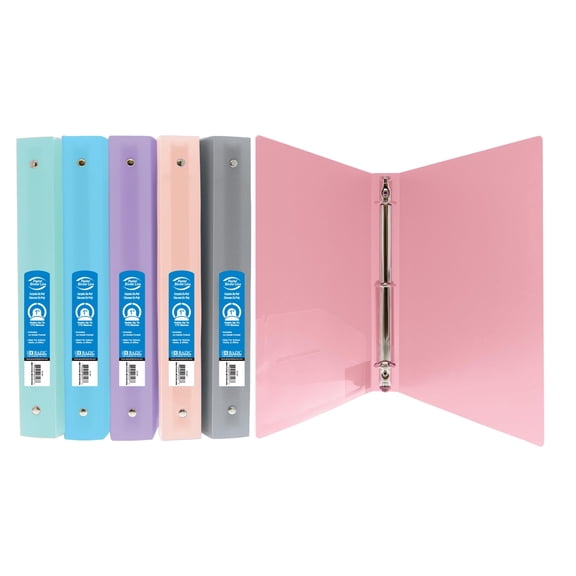 BAZIC 3 Ring Binder 1" Poly Binders Organizer - Pastel Color Soft Cover, Hold 175 Sheets, 6-Count