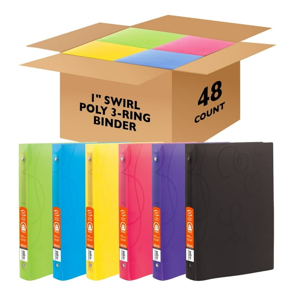 BAZIC 3 Ring Binder 1" Poly Binders Swirl Color Soft Cover, Hold 175 Sheets, 48-Count