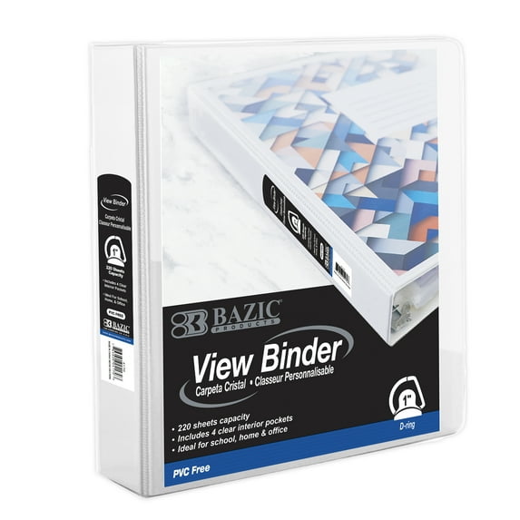 BAZIC 3 Ring Binder 1" View Binders Slant D Ring White, PVC-Free, Hold 220 Sheets, 1-Count