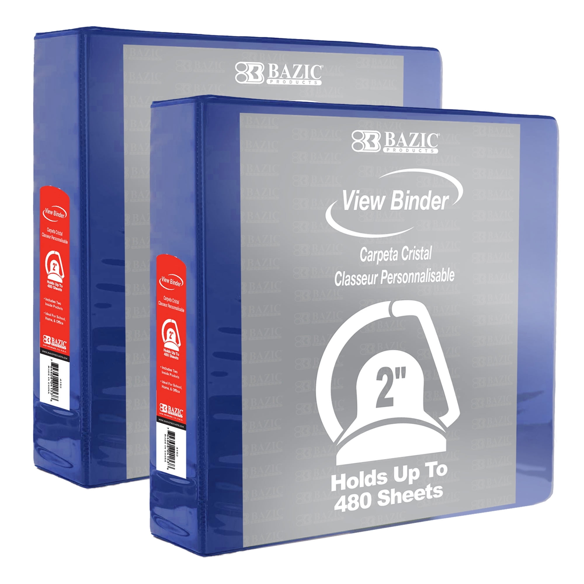 BAZIC 3 Ring Binder 2" View Binders Slant D Ring Blue, Hold 500 Sheets, 2-Count