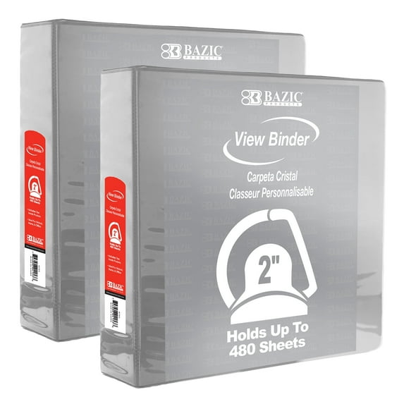 BAZIC 3 Ring Binder 2" View Binders Slant D Ring Grey, Hold 500 Sheets, 2-Count