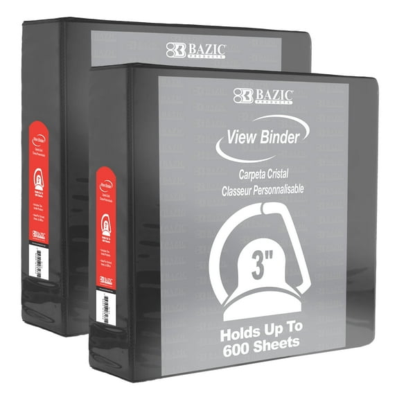 BAZIC 3 Ring Binder 3" View Binders Slant D Ring Black, Hold 600 Sheets, 2-Count