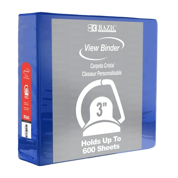 BAZIC 3 Ring Binder 3" View Binders Slant D Ring Blue, Hold 600 Sheets, 1-Count