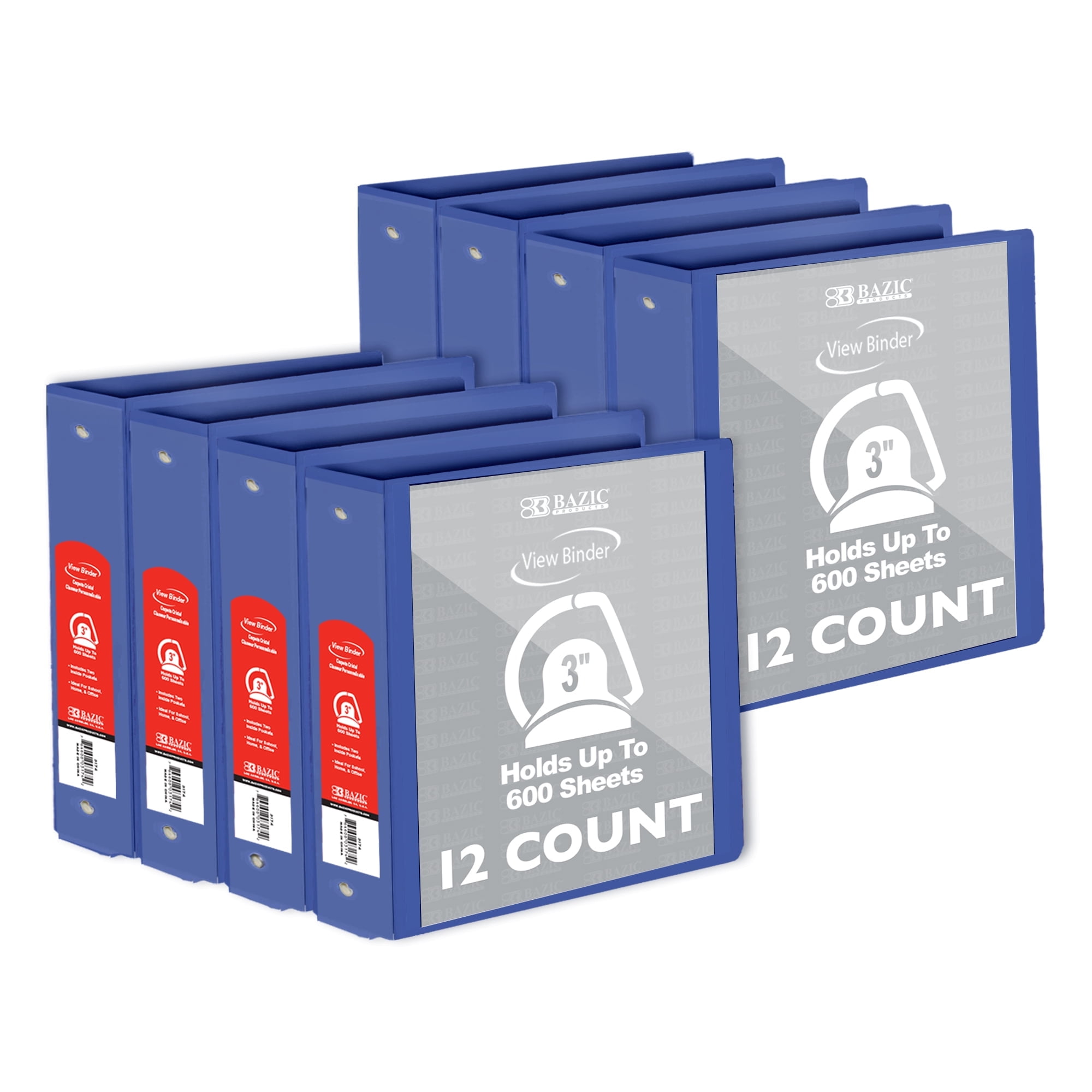BAZIC 3 Ring Binder 3" View Binders Slant D Ring Blue, Hold 600 Sheets, 12-Count