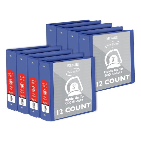 BAZIC 3 Ring Binder 3" View Binders Slant D Ring Blue, Hold 600 Sheets, 12-Count