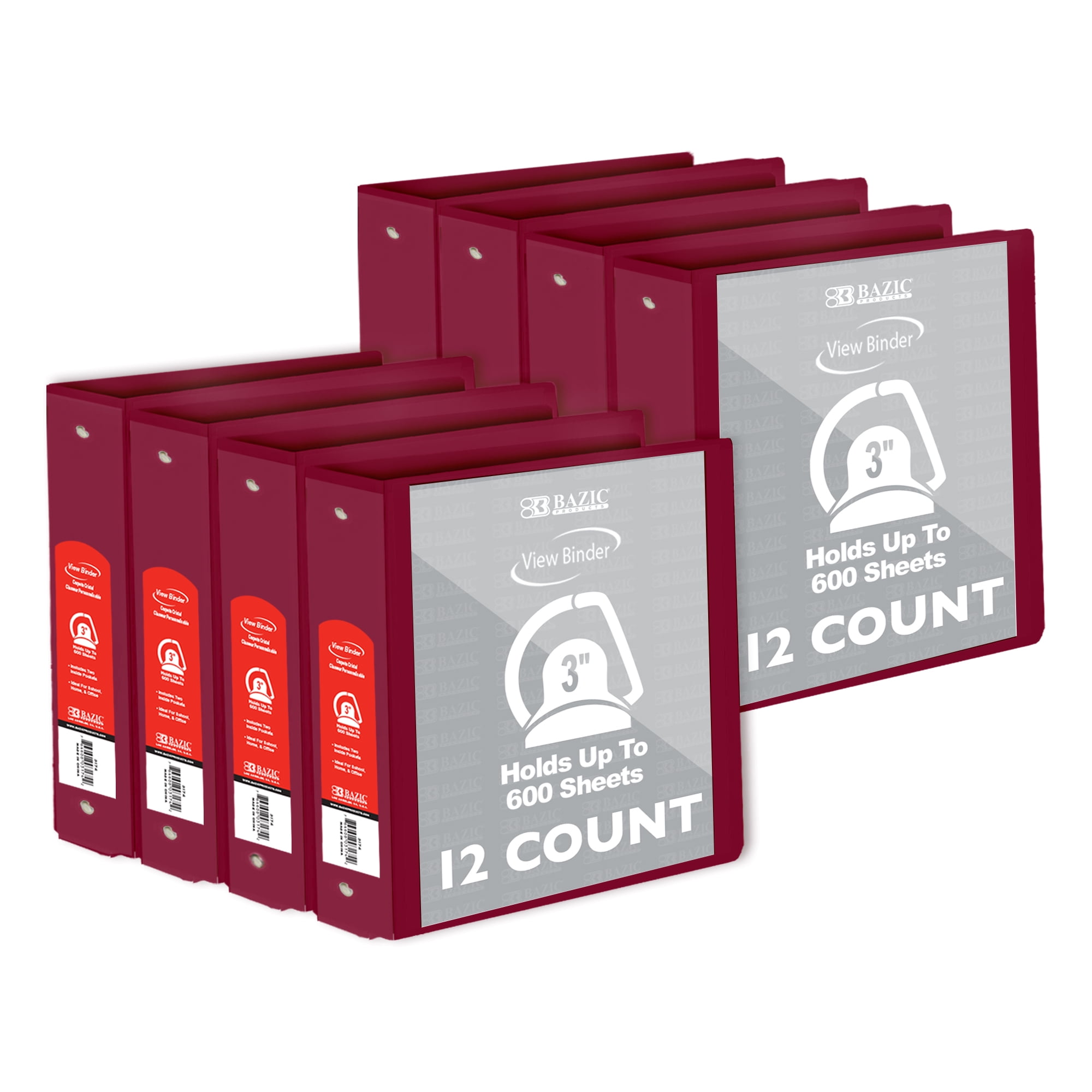 BAZIC 3 Ring Binder 3" View Binders Slant D Ring Burgundy, Hold 600 Sheets, 12-Count