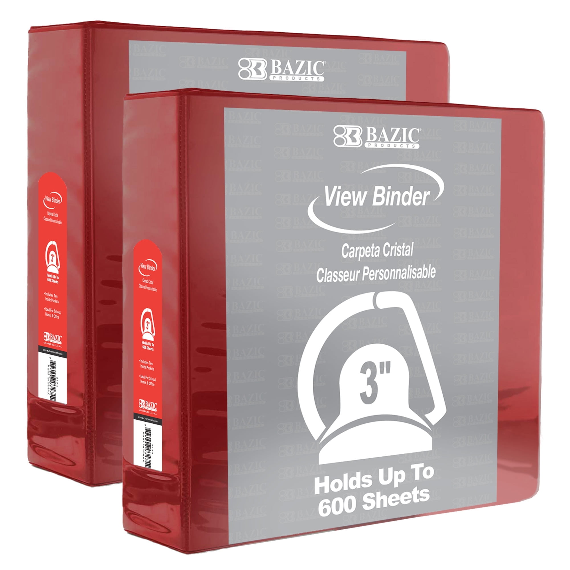 BAZIC 3 Ring Binder 3" View Binders Slant D Ring Burgundy, Hold 600 Sheets, 2-Count