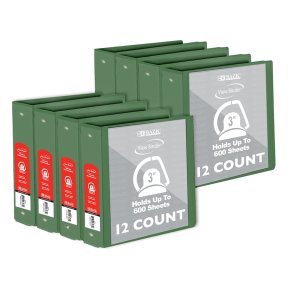 BAZIC 3 Ring Binder 3" View Binders Slant D Ring Green, Hold 600 Sheets, 12-Count