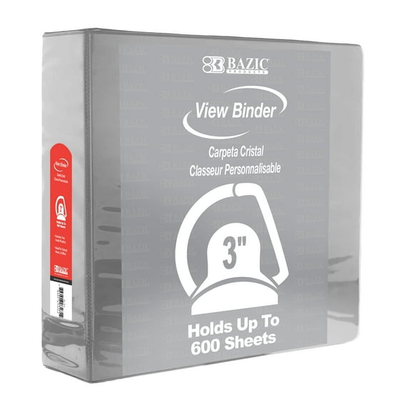 BAZIC 3 Ring Binder 3" View Binders Slant D Ring Grey, Hold 600 Sheets, 1-Count