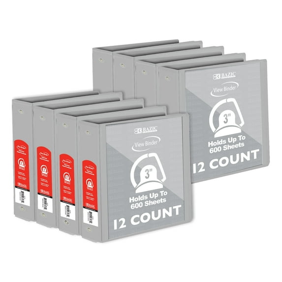 BAZIC 3 Ring Binder 3" View Binders Slant D Ring Grey, Hold 600 Sheets, 12-Count