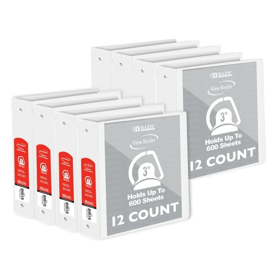 BAZIC 3 Ring Binder 3" View Binders Slant D Ring White, Hold 600 Sheets, 12-Count
