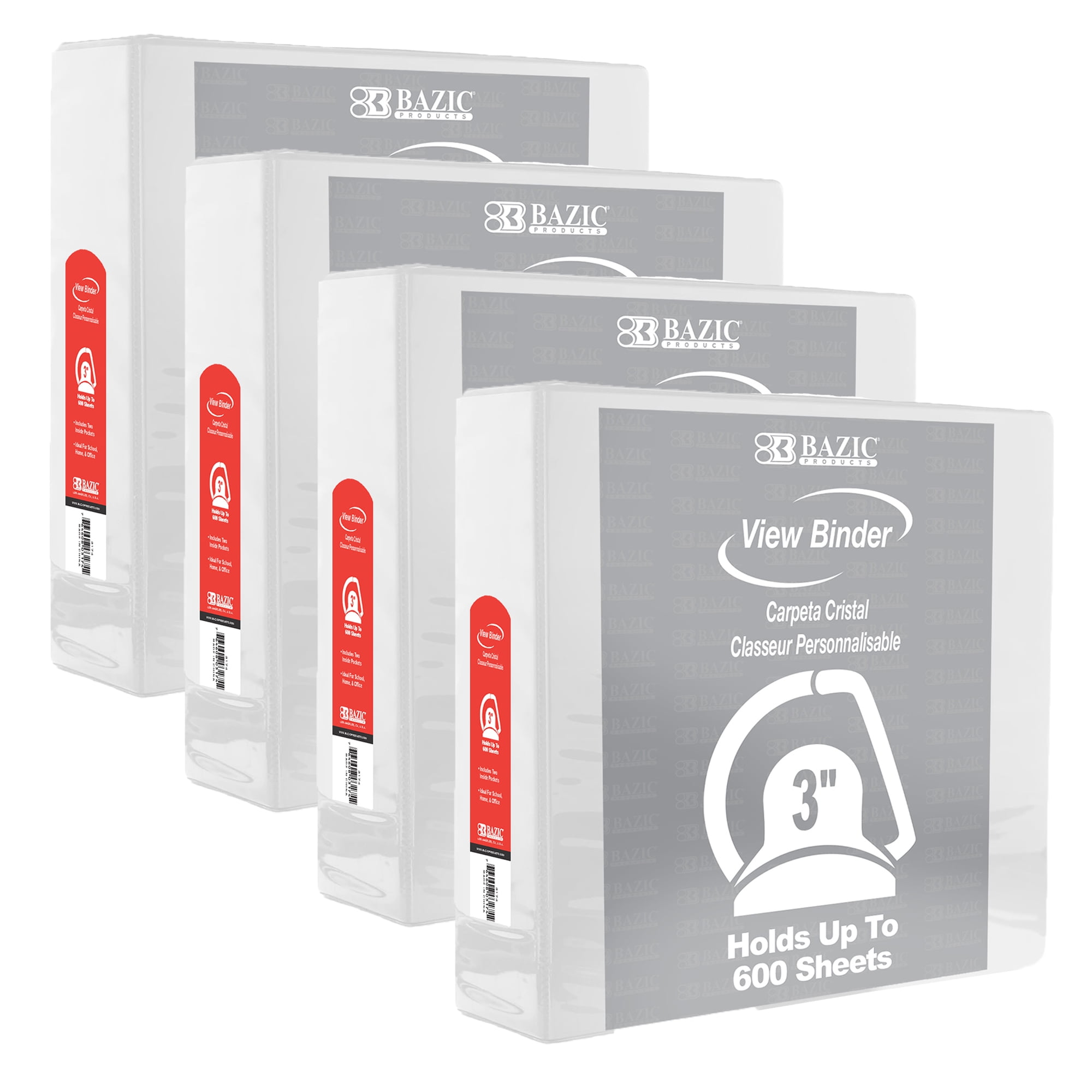 BAZIC 3 Ring Binder 3" View Binders Slant D Ring White, Hold 600 Sheets Paper, 4-Count