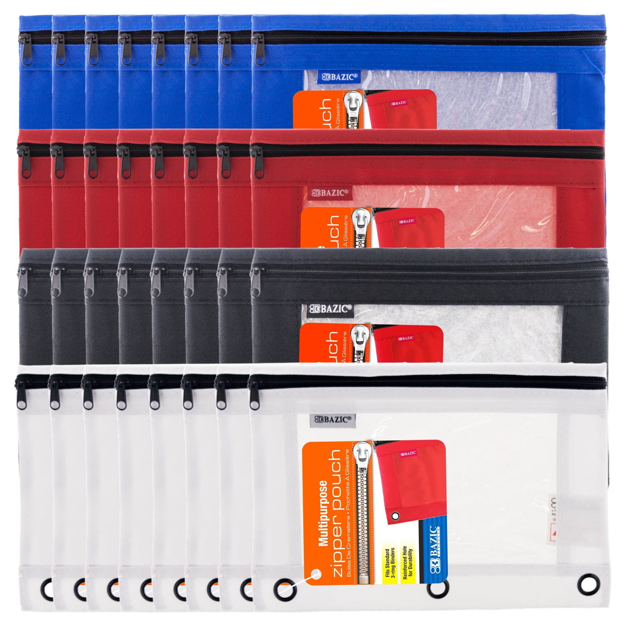BAZIC 3 Ring Pencil Pouch, Clear Window, Classic Color, 24-Pack