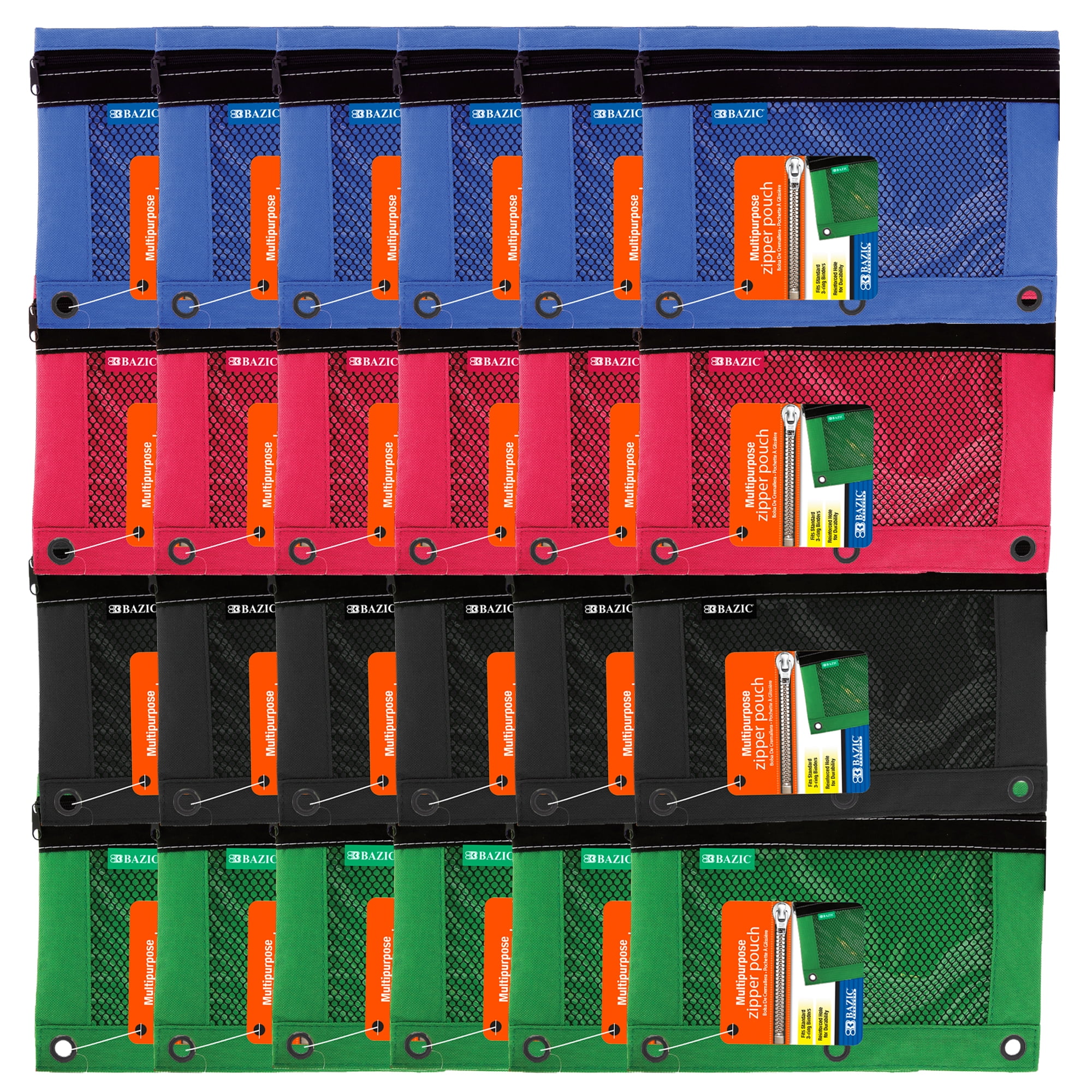 BAZIC 3 Ring Pencil Pouch, Mesh Window, Assorted Color, 24-Pack