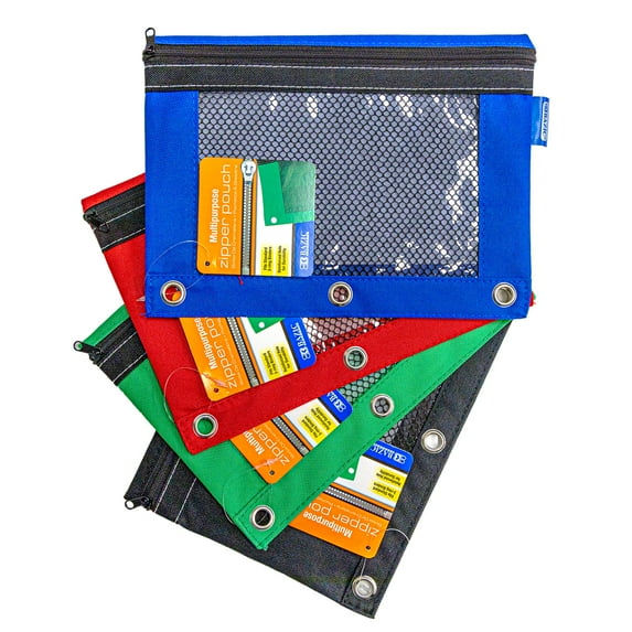 BAZIC 3 Ring Pencil Pouch, Mesh Window, Assorted Color, 4-Pack
