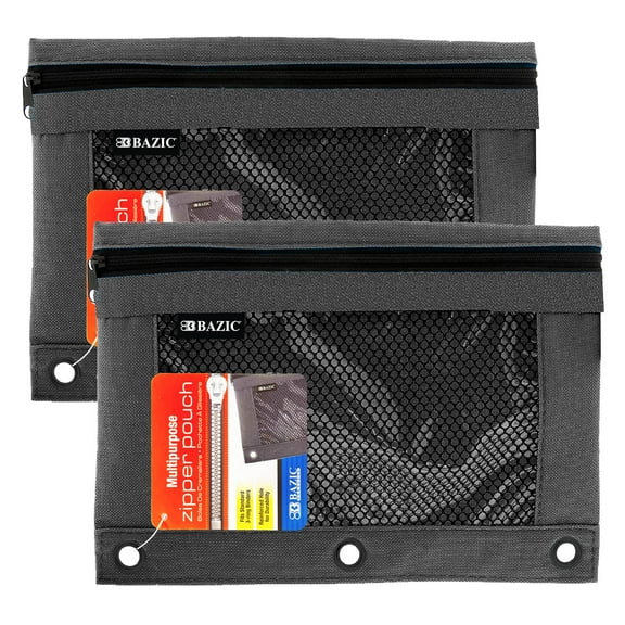 BAZIC 3 Ring Pencil Pouch, Mesh Window, Black Color, 2-Pack