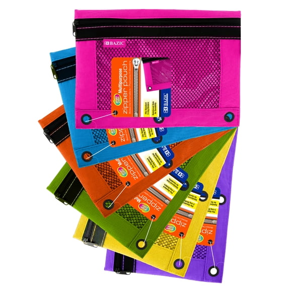 BAZIC 3 Ring Pencil Pouch, Mesh Window, Bright Assorted Color, 6-Pack