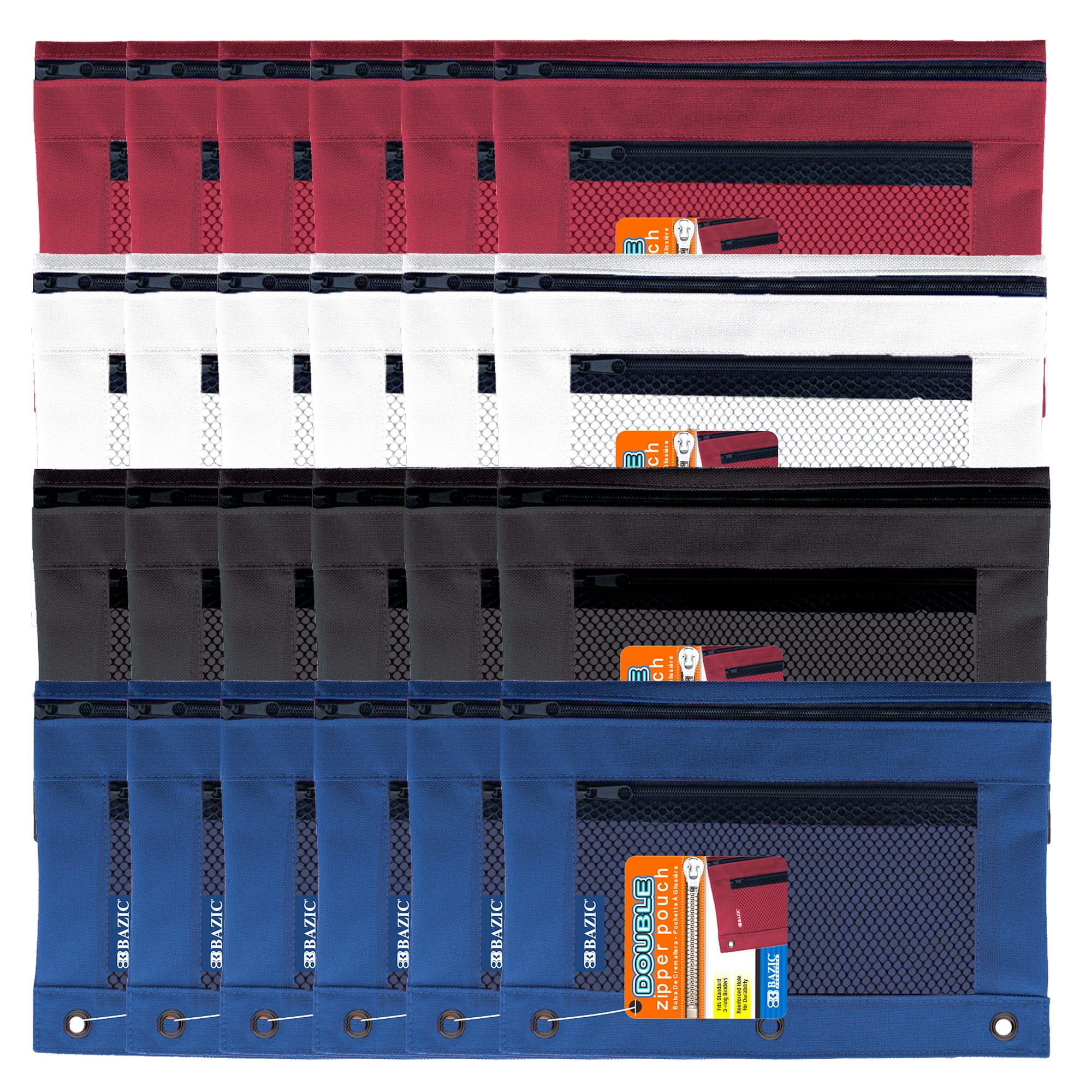BAZIC 3 Ring Pencil Pouch, Mesh Window, Double Zipper, Assorted Color, 24-Pack