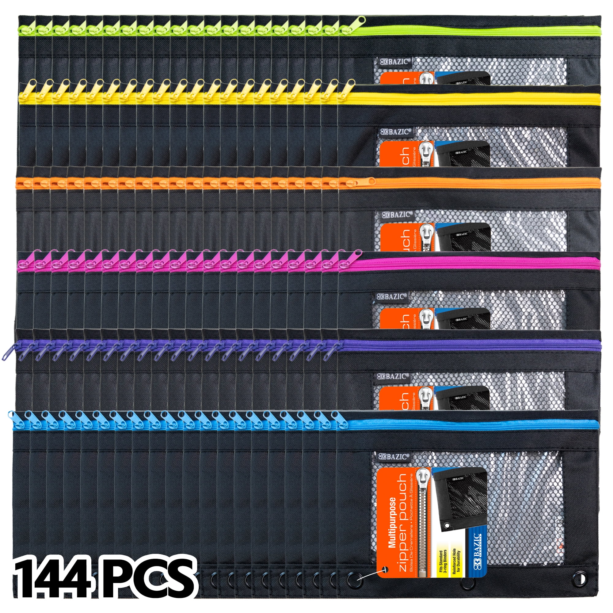BAZIC 3 Ring Pencil Pouch, Mesh Window, Neon Black Color, 144-Pack