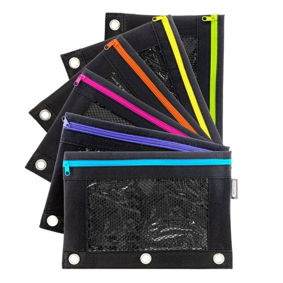 BAZIC 3 Ring Pencil Pouch, Mesh Window, Neon Black Color, 6-Pack