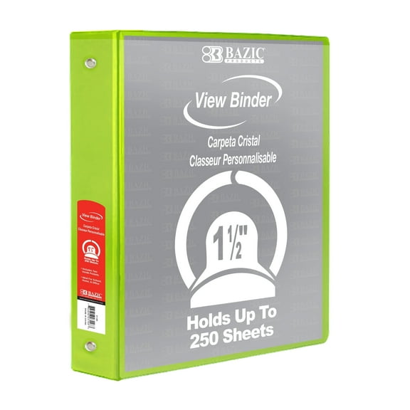 BAZIC 3-Ring View Binder with 2 Pockets, 1.5", Lime Geen