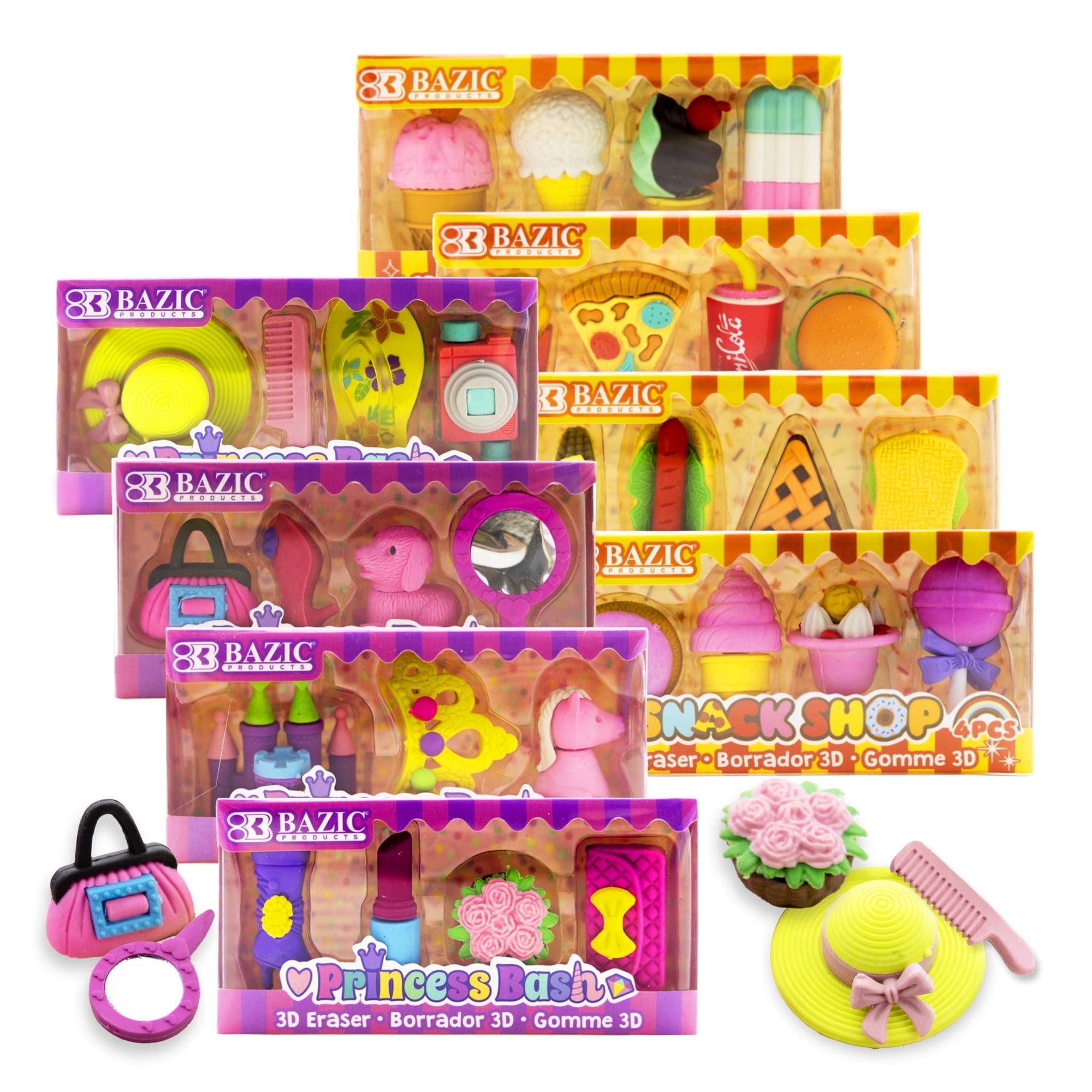 BAZIC 3D Erasers Set, Assorted Food and Princess Dress up Mini Pencil Erasers (4/Pack), 8-Packs