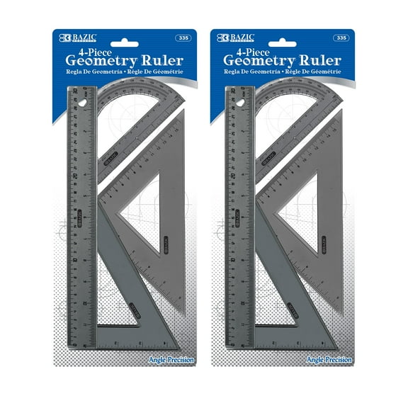 BAZIC 4-Piece Geometry Ruler Combination Sets, School Supplies, 2-Packs