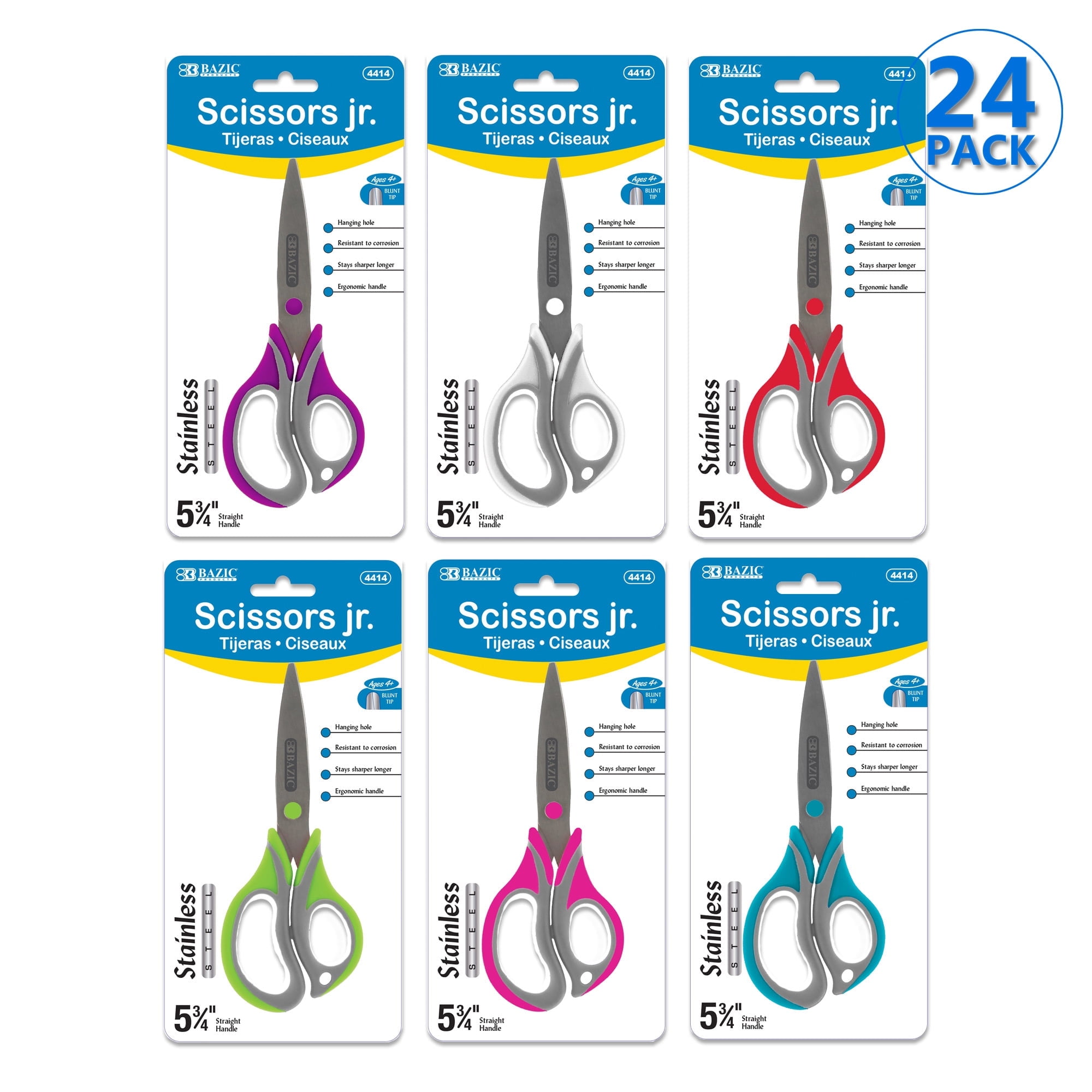 BAZIC 5.75" Two-Tone Soft Grip Kids Stainless Steel Scissors, 24-Pack