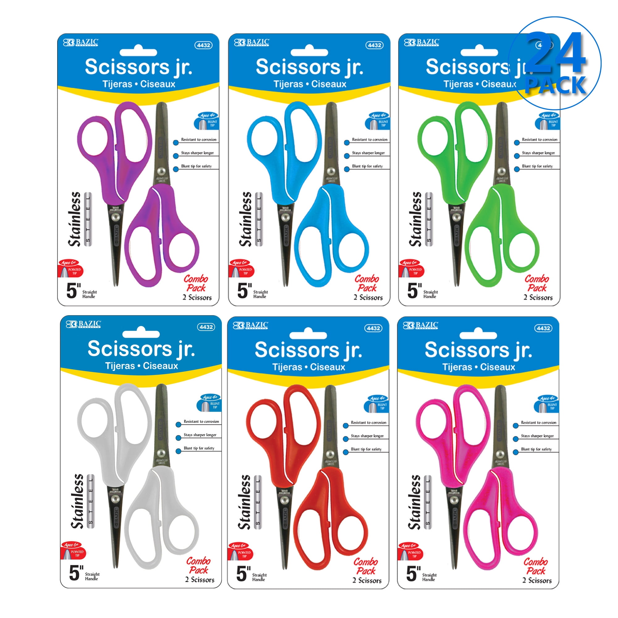 BAZIC 5" Blunt & Pointed Tip School Scissors, Assorted Color (2/Pack), 24-Packs