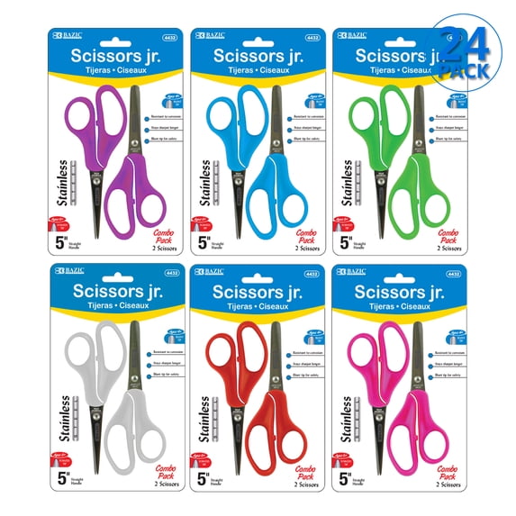 BAZIC 5" Blunt & Pointed Tip School Scissors, Assorted Color (2/Pack), 24-Packs