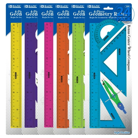BAZIC 5-Piece Geometry Ruler Combination Sets w/ Center Wheel Compass, 24-Pack