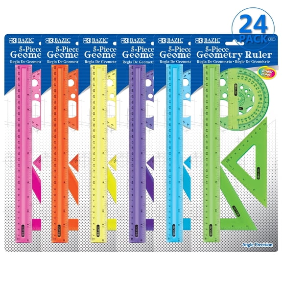 BAZIC 5-Piece Geometry Set, Ruler, Triangles, Protractor, Template