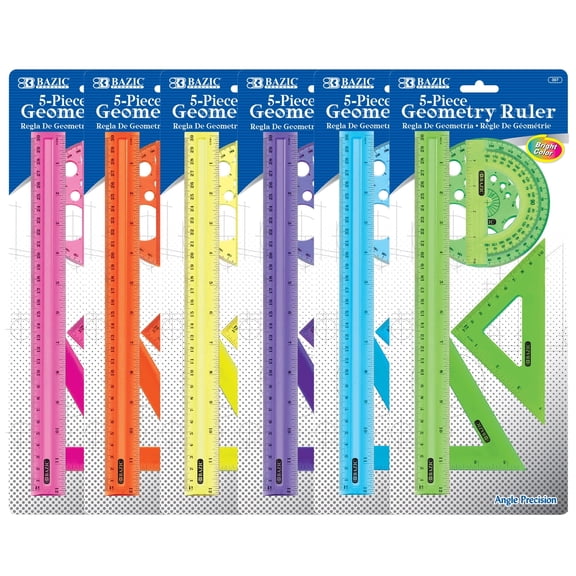 BAZIC 5-Piece Geometry Set, Ruler, Triangles, Protractor, Template