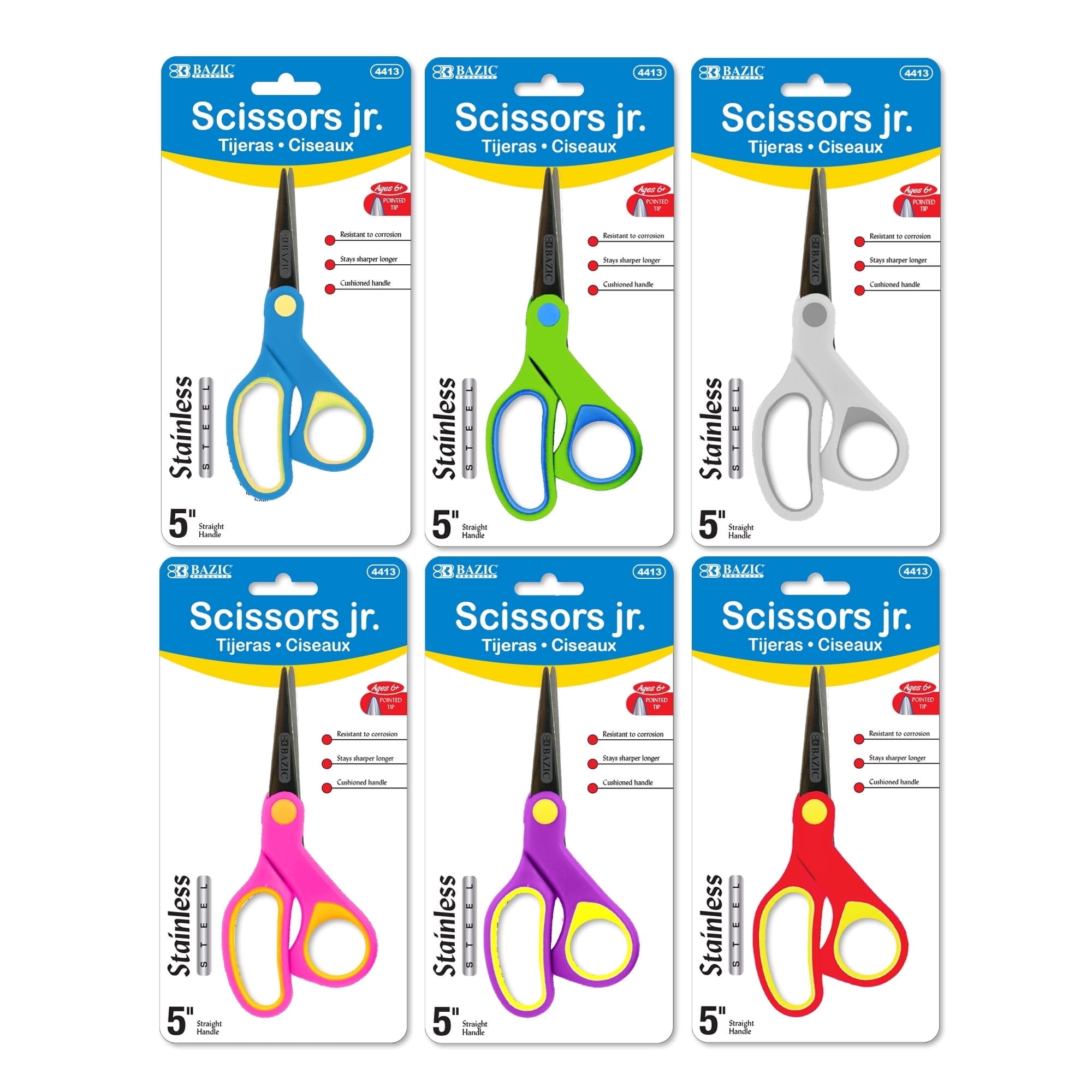 BAZIC 5" Soft Grip Pointed Tip Stainless Steel Scissors, Straight Handle, 24-Pack